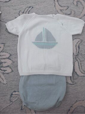 Baby Sailboat Knit Two-Piece Set in White and Light Blue. Size 24 months